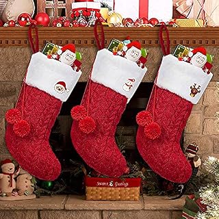 Knitted Christmas Stocking, Christmas Stockings Set of 3, 16inch Large Xmas Stockings Personalised with Plush Balls & Santa Snowman Reindeer Pins Gift Candy Pouch Bag for Christmas Decorations (Red)