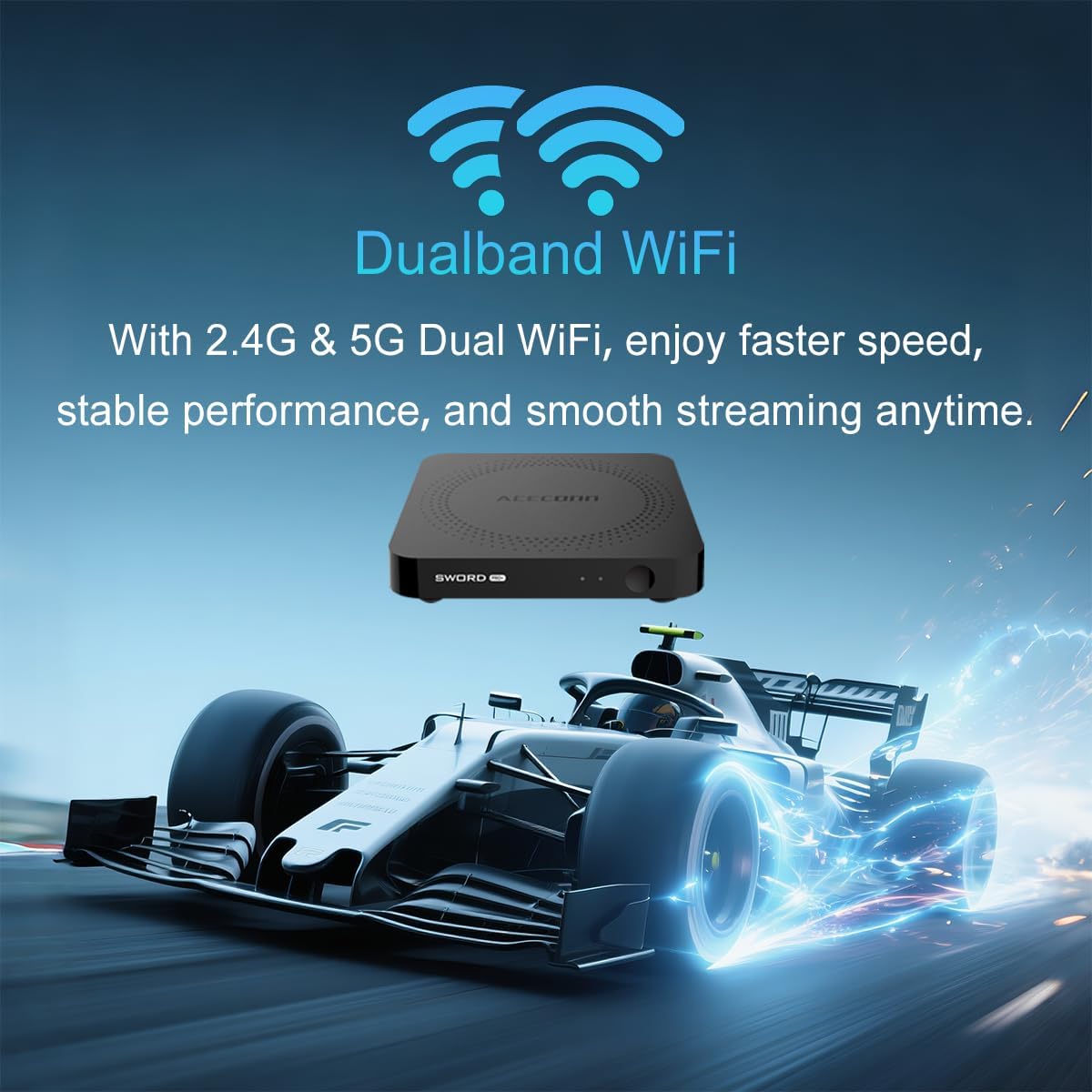 Image highlighting 4K HDR video streaming support on the ACECONN Sword Pro+ TV Box.