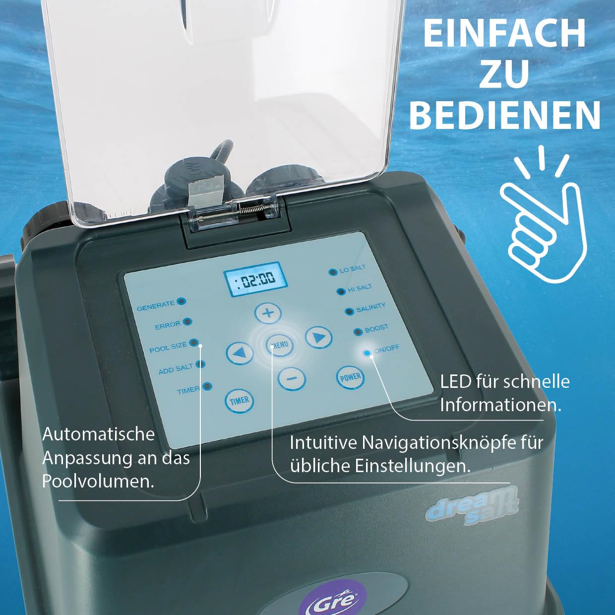 Gre GSS25 – Desinfektionssystem für Pools, Dream Salt Elektrolyse, geeignet für Aufstellpools bis 25 m³, mit integriertem LED-Display