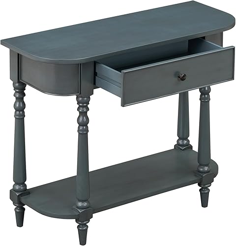 Miniatura 57 de Polibi Mesa consola curvada retro con estante de estilo abierto y 4 cajones superiores, mesa de entrada de media luna de 52 pulgadas de ancho con