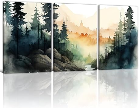 LURENCZH Forest Canvas Wall Art 3 Piece Watercolor Forest Picture Prints Forest Tree Paintings Pine Tree Canvas Prints for Living Room Bedroom Decor FramedArtwork-1,12.00" x 16.00" x 3Pcs