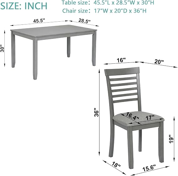RuiSiSi 5 Piece Dining Table Set for 4, Farmhouse Rectangular Kitchen Table with 4 Padded Chairs, Rustic 5 Piece Dinette Table Set for Living Room, Gray