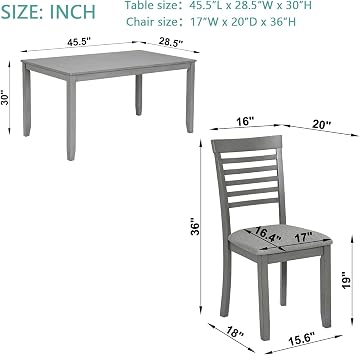 RuiSiSi 5 Piece Dining Table Set for 4, Farmhouse Rectangular Kitchen Table with 4 Padded Chairs, Rustic 5 Piece Dinette Table Set for Living Room, Gray