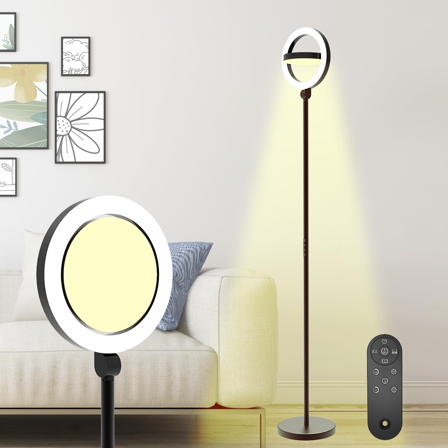 36W 2500lm Super Bright LED Floor Lamp for Living Room, 75.5 Inch Tall Stepless Dimmable Standing Lamp with Remote for Bedroom, Led Torchiere Lamp for Office