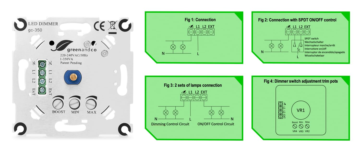 greenandco gc-350 regulador de intensidad LED giratorio | 1-350 W | también adecuado para circuitos con conmutador | función de disparo programable | empotrable | blanco