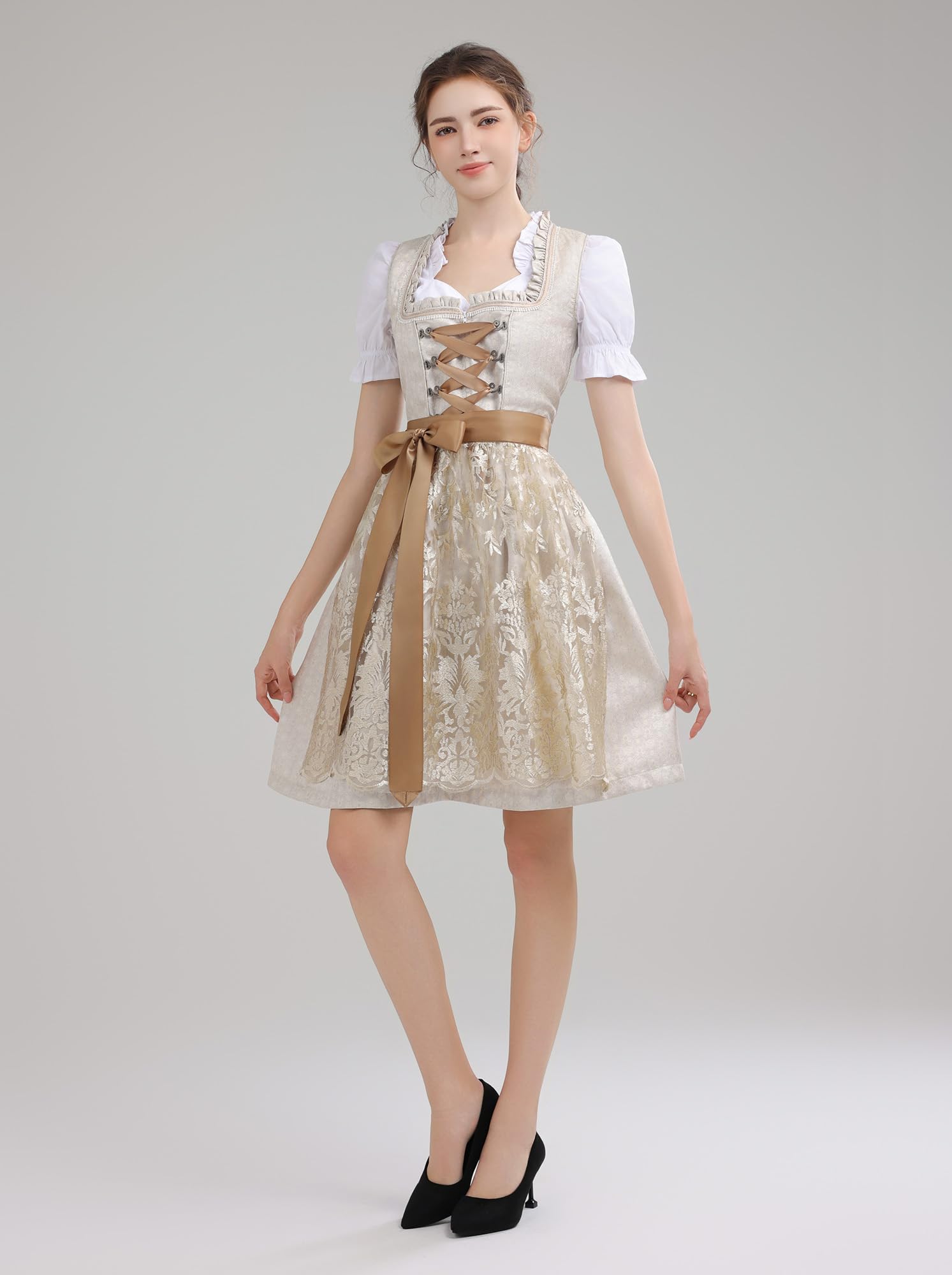 Dirndl Damen Midi Dirndlkleid Trachtenkleid Lang Trachtenrock 3 Teilig | Dirndl Damen Oktoberfest Outfit Dresses Trachten Dirndelkleider Komplett Set mit 3 Teilig Dirndl Bluse Dirndlkleid Schürze