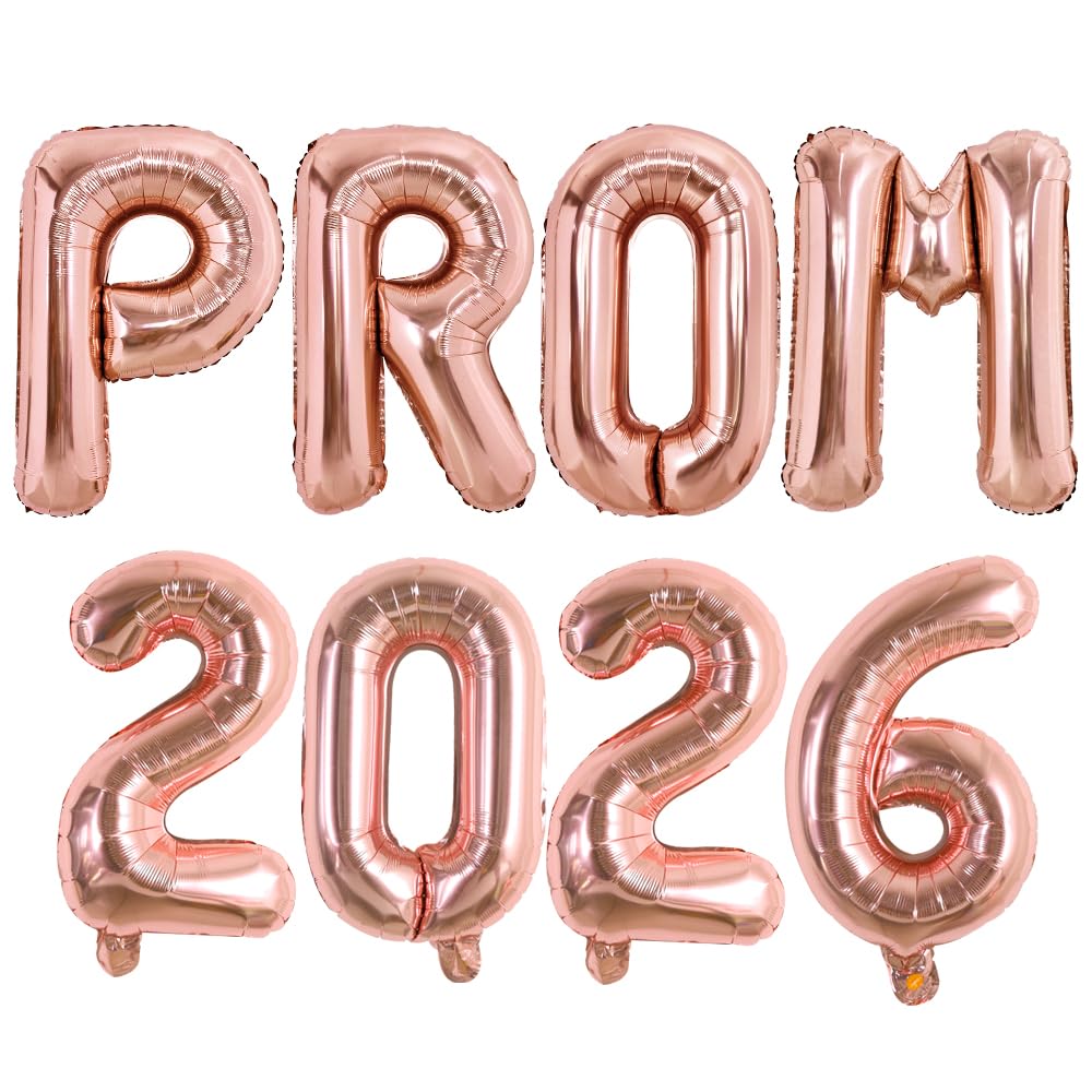 TONIFUL Prom 2026 Balloons - 16 Inch Rose Gold Letter Foil Balloons Banner Class of 2026 Prom Letters Props for Night Party School New Year Eve Christmas Anniversary Graduation Decorations