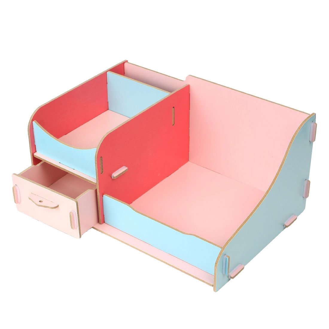 Drewniany organizer na biurko do makijażu różowe i niebieskie pudełko do przechowywania stylowa szuflada kosmetyczna idealna do domu i biura oszczędzający miejsce design niezbędne akcesoria do