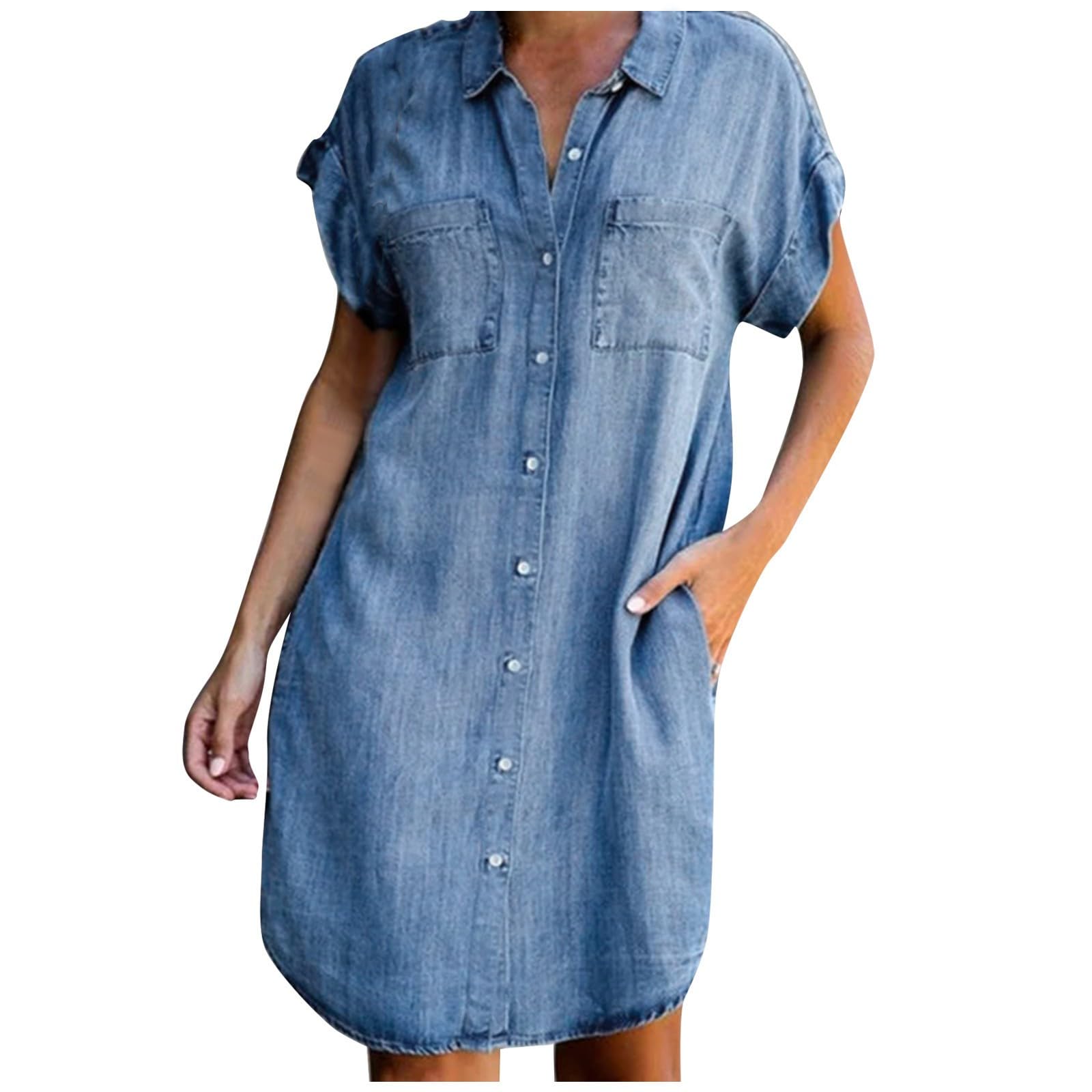 Robe Chemise Femme En Jean - Manches Courtes, Col à Revers, Poches, Style Décontracté Chic - Midi, Voyage, Été - 7