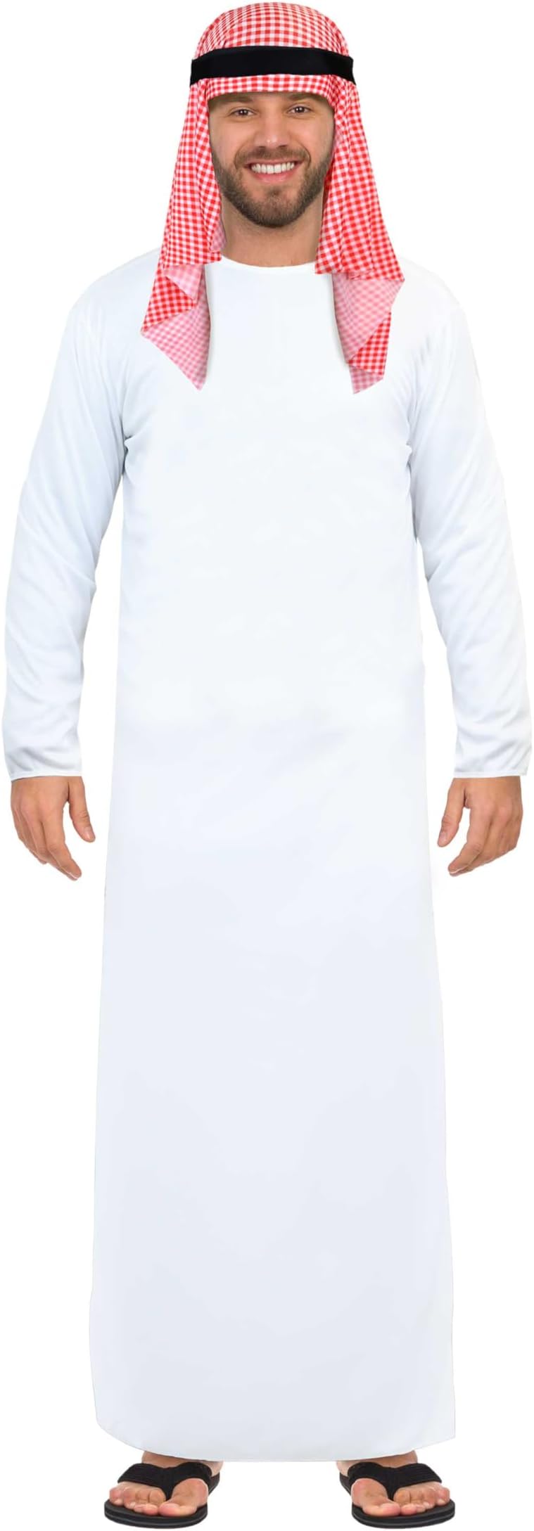 Adult Menโs Arabian Sheikh Fancy Dress White Long Tunic with Headdress Saudi Prince Dress up Outfit Arab Sheik One Size Mens Fancy Dress Costume