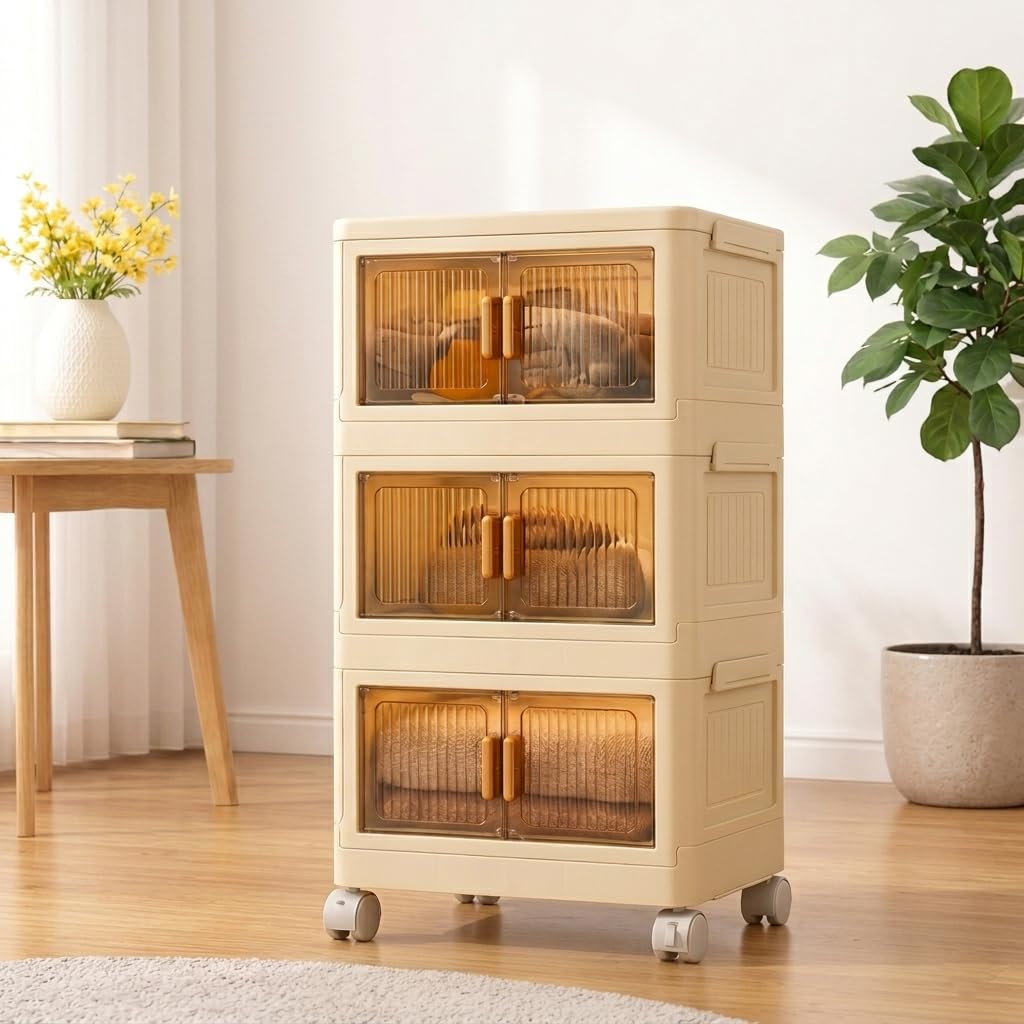 TARKAN DIY Stackable Storage Cabinet with Wheels, 50x25x72 cm, 3-Tier Magnetic Door Organiser, Transparent Panels, Cream-image-14
