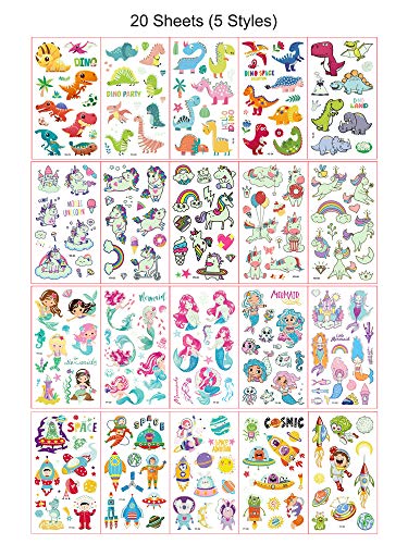 Temporary Tattoos For Kids -20 Sheets 199Pcs Waterproof Mixed Style Cartoon Fake Tattoo, Glow In The Dark Unicorn Mermaid Outspace Dinosaur Tattoo Sticker Decor For Boys Girls, Party Supplies Favor #TOP7