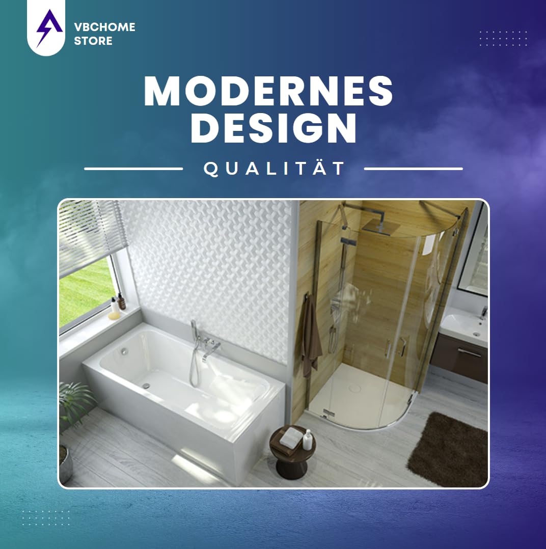 VBChome Vasca da bagno 180 x 80 cm Bianco in acrilico Piedini vasca Sifone Vasca Design rettangolare Moderno Scarico in cromo