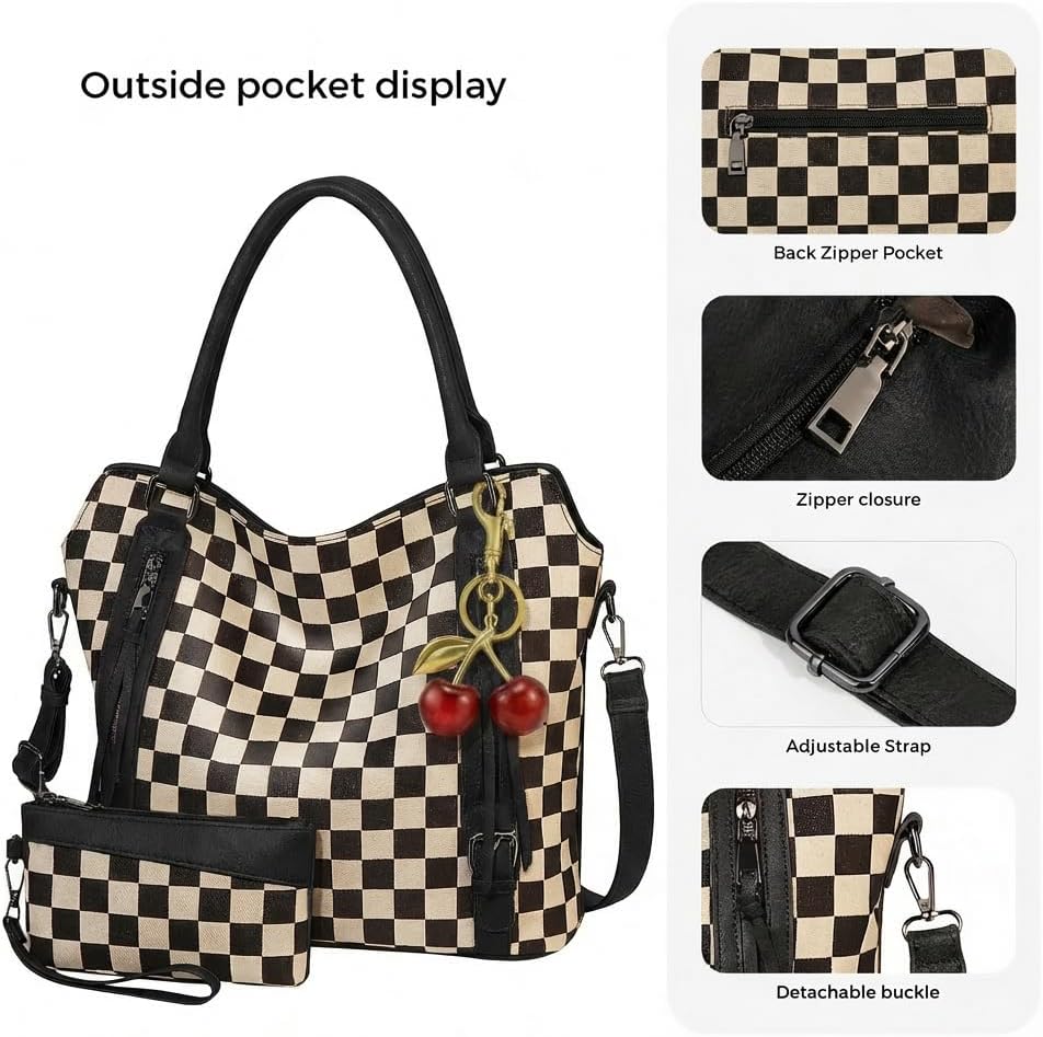 Lushandy Large Checkered Tote Bag Checkered Satchel Purse with Wallet Cherry Vintage Top Handle Hobo Handbag for Work Travel | Multi-Pocket, Cherry Keychain, Large Capacity - Image 5