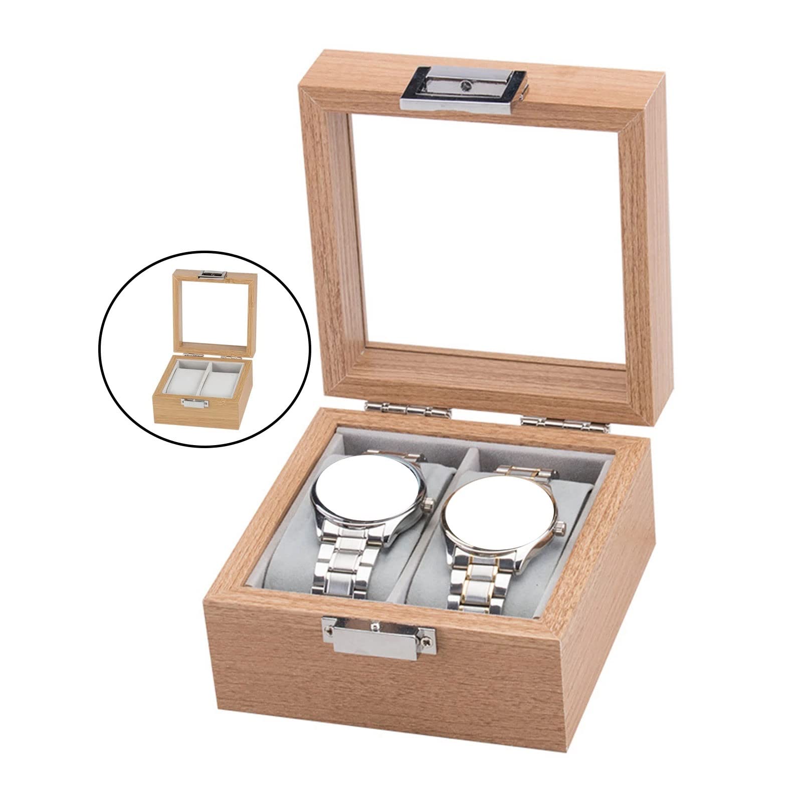 Uhrenboxen Uhrenbox aus Holz mit Glasdeckel und Fenster für 2 Uhren Detaillierte Linien Organizer für Herren und Damen Herrenuhren (Farbe: A Größe: Einheitsgröße)