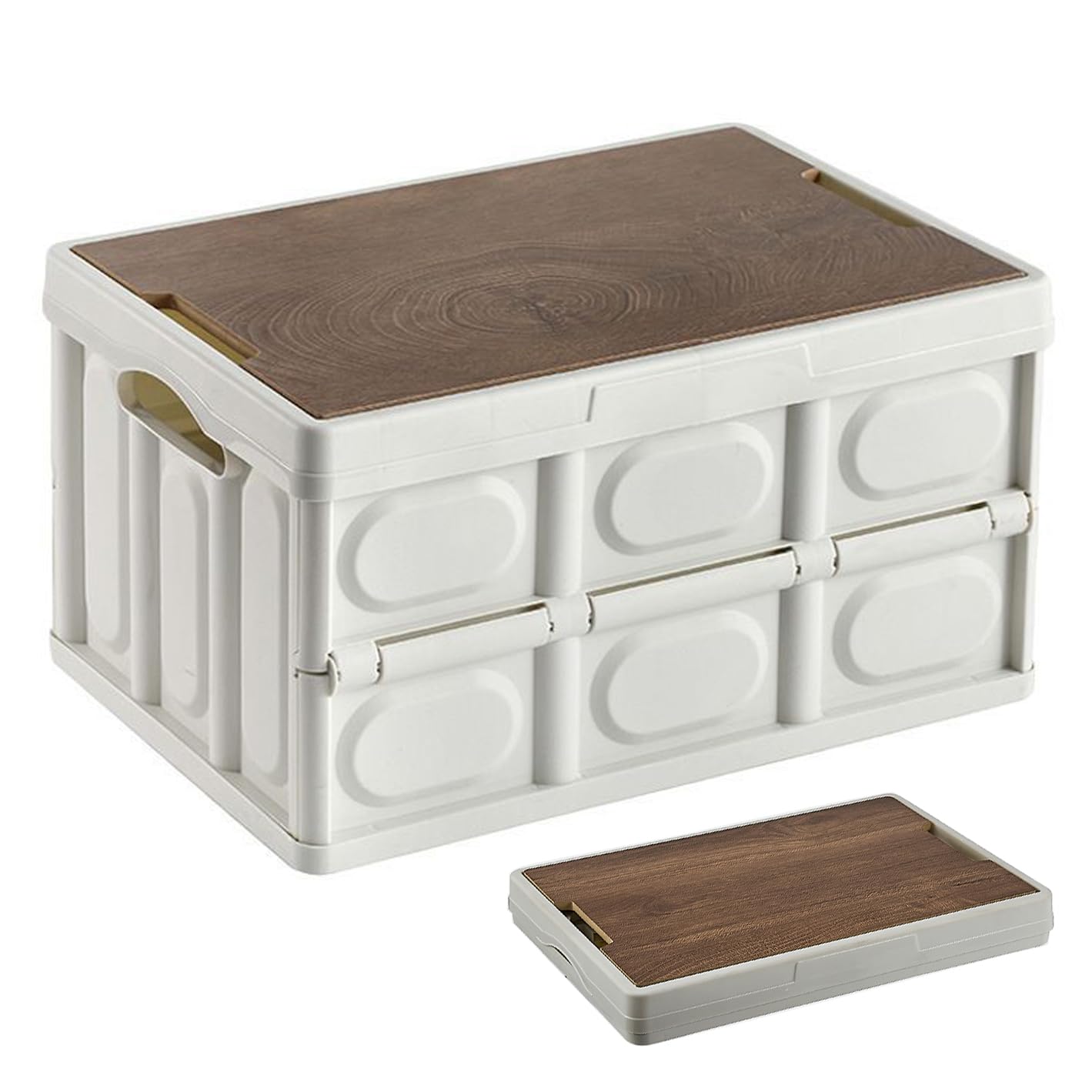 Photo 1 of UMIRNI 55L Collapsible Storage Bins with Wood Lid, Foldable Plastic Storage Crate Container ?Grocery Stackable Utility Crates? Trunk Organizer for Outdoor Picnic Car