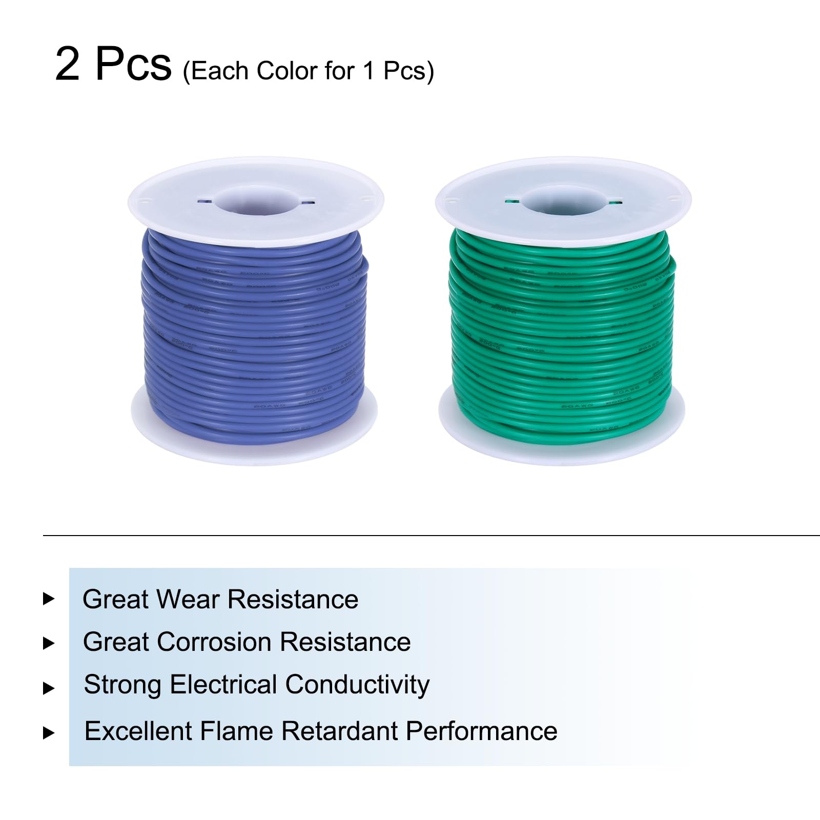sourcing map 20 Jauge Silicone Fil 20AWG Électrique Fil Toronné Fil Souple Etamé Cuivre Fil Haut Temp Raccordement Bobine Bleu et Vert 30m/98.4ft pour Voiture Modèle Électroménagers 2pcs