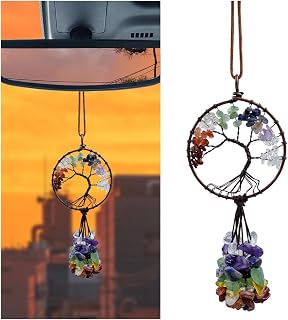Chakra Colored Stones Car Rear View Mirror Charm, Handmade Auto Mirror Hanging Accessories, Crystal Tree of Life Car Ornament, Lucky Auto Interior Decoration Pendant for Women Men (Round Shape)