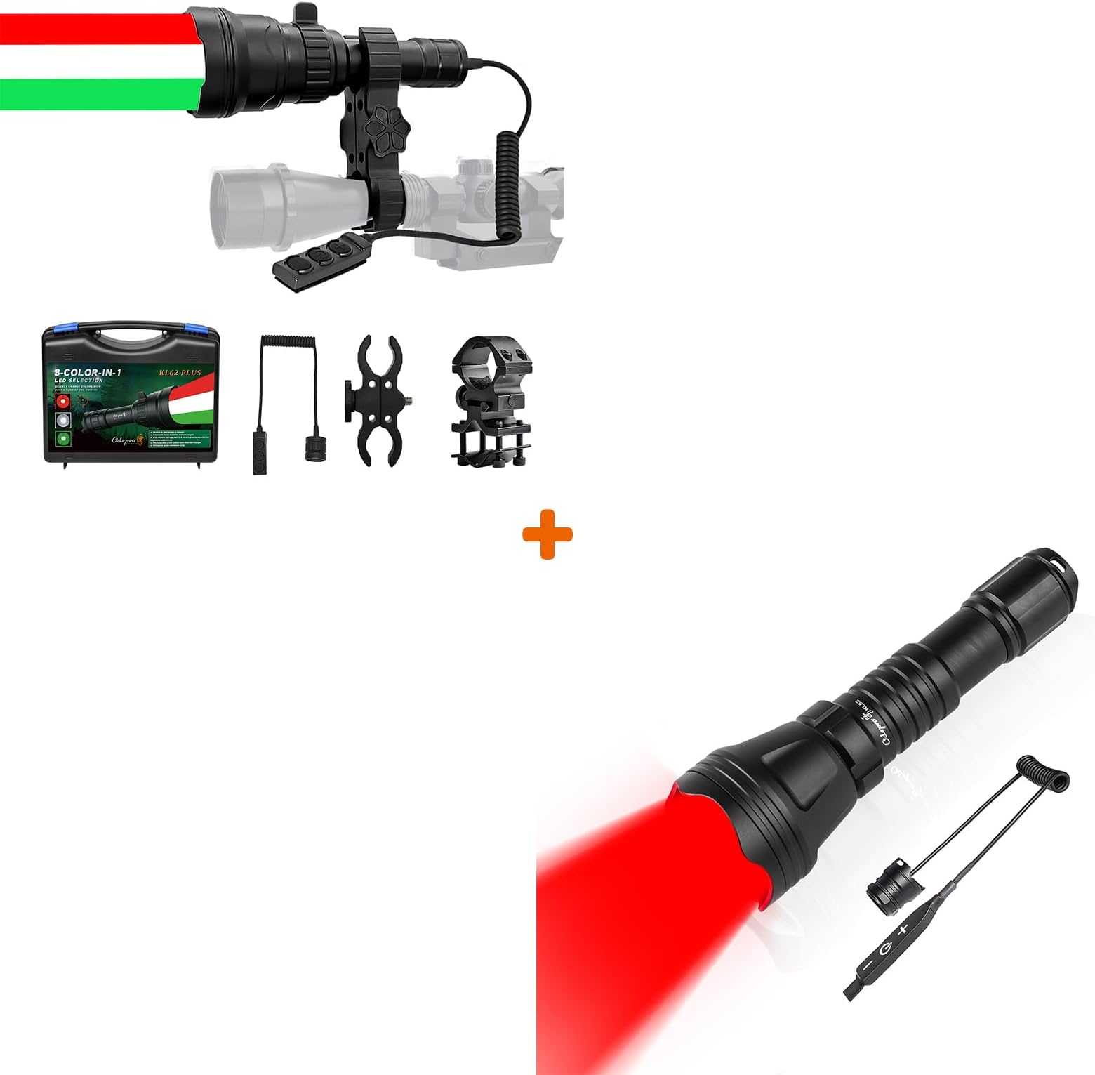 OdeproKL62Plus 3-Color-in-1 (Red, White, Green) Zoomable Scope Mount Hunting Light KL52 Zoomable Hunting Flashlight Red Coyote Light Bundle