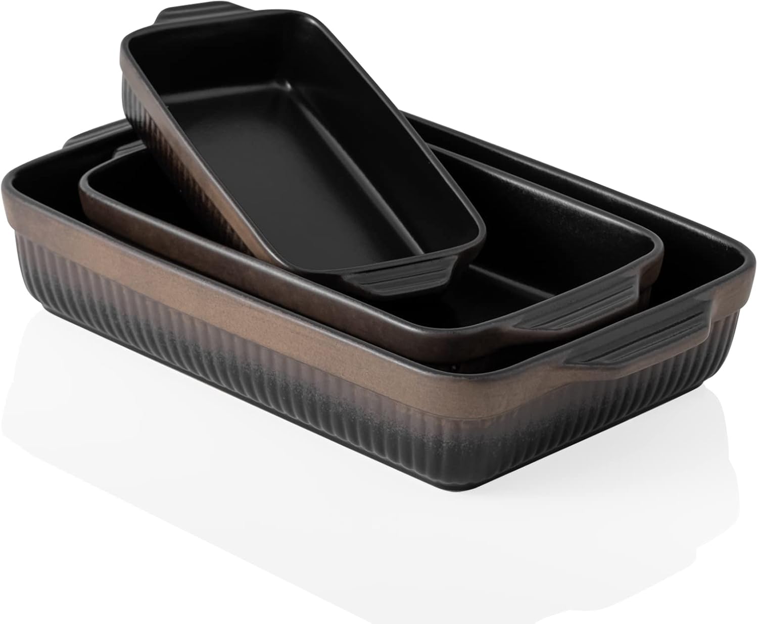 Kanwone Ceramic Baking Dishes, Rectangular Lasagna Pans, Casserole Dishes, Bakeware Set for Cooking, Kitchen, Cake Dinner, 9 x 13 Inches, Stripe Series - Reactive Glazed (Matte Black)