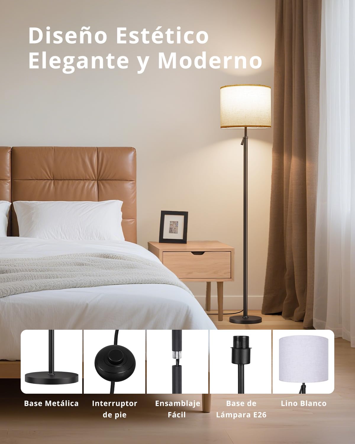 Lámpara de Pie LED Regulable en Altura, Pantalla Lino, Lámpara Telescópica 152-175cm, Mando Magnético, Luz RGB Regulable 1200lm 10W para Salón, Negro