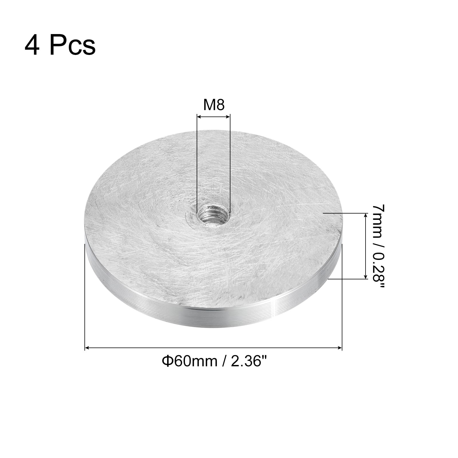 sourcing map Lot de 4 disques en aluminium de forme ronde M8 - Diamètre : 60 mm - Pour table en verre