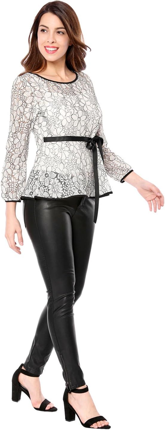Allegra K Women's Elegant Tie Waist Long Sleeve Top Lace Peplum Blouses - Image 4