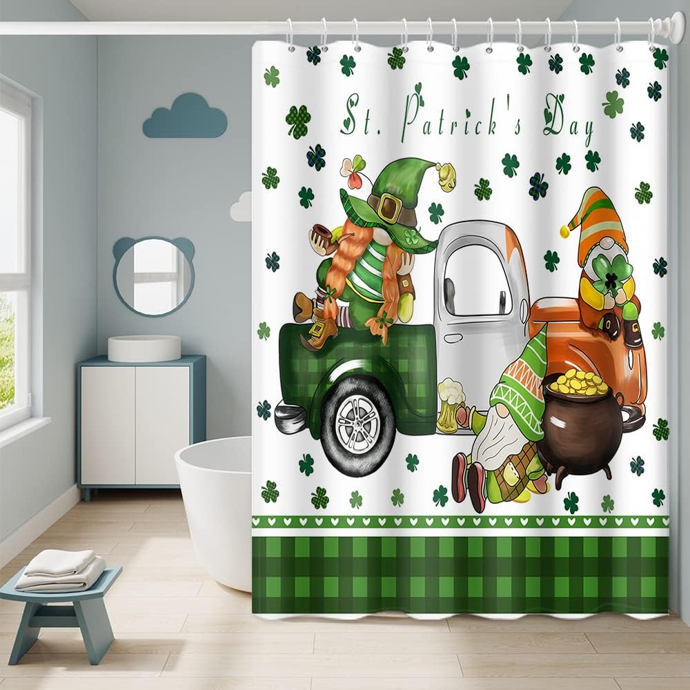 Happy St. Patrick's Day Shower Curtain Gnome Elf Green Clover Truck Golden Coins Design Waterproof Fabric Polyester Farmhouse Style Shower Curtain Sets with 12 Hooks, 72x84 Inch