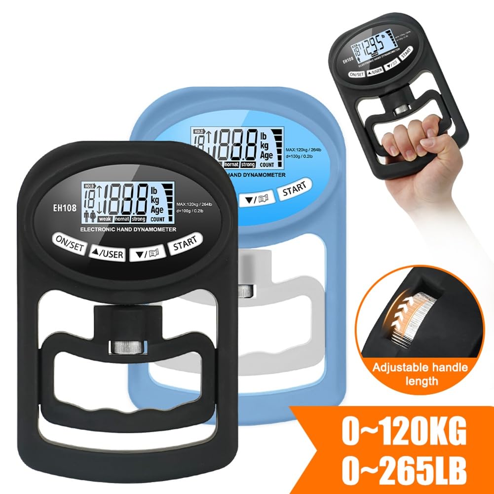 Probador de Fuerza de Agarre 265Lbs/120Kg DinamóMetro de Mano Digital Medidor de Fuerza de Agarre USB Pantalla LCD, Negro