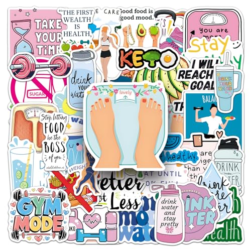 50Pcs Fitness Healthy Lifestyle Sticker Pack for Workout Lovers Teens Young Adults, Waterproof Vinyl No‑Residue Gym Wellness Decals for Journal Planner Scrapbooking, Water Bottle Laptop Phone Case