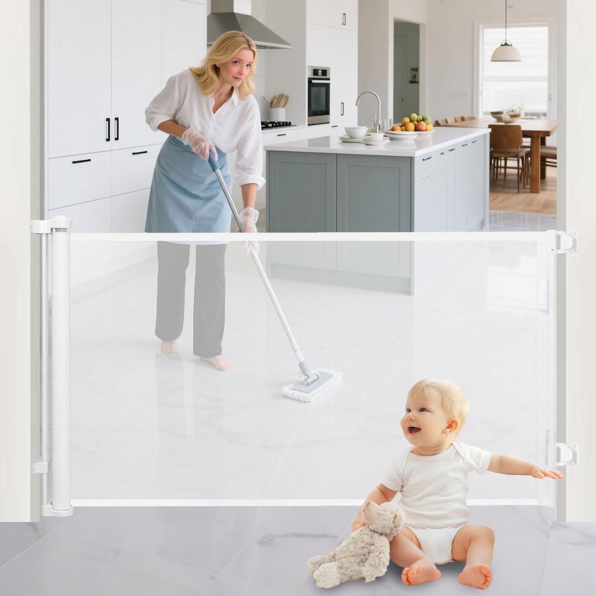 ECVV Retractable Mesh Baby Gate 80 cm Tall, 184 cm Max Width, One-Hand Lock & Unlock Indoor Outdoor Stair & Doorway Safety Barrier for Toddler & Pet, Hardware-Mounted Kit Included