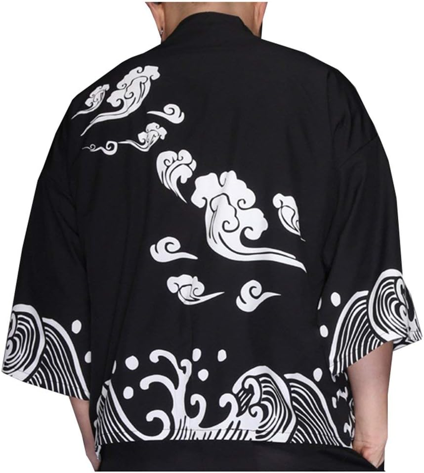 LifeHe Men's Kimono Jackets Cardigan Japan Lightweight Casual Seven Sleeves Open Front Shirt Coat