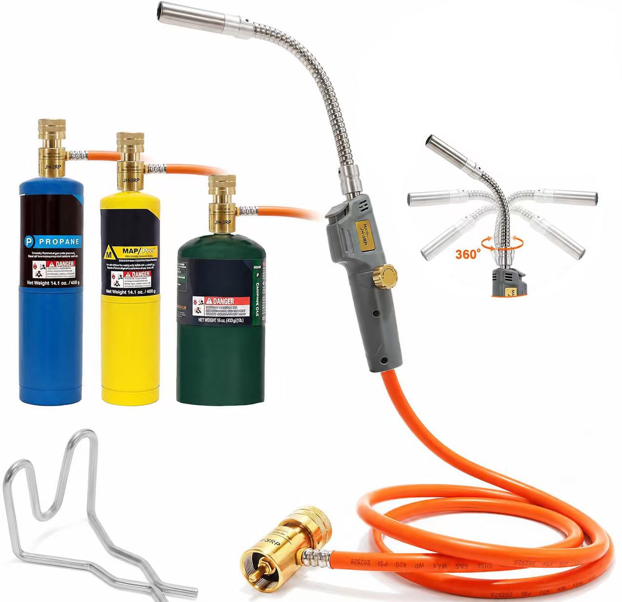 Propane Torch Hand Hose, Mapp Gas Torch,Welding Torch,Hose Length 1.5M/60"-with Hook (Rotating Headband ignition)