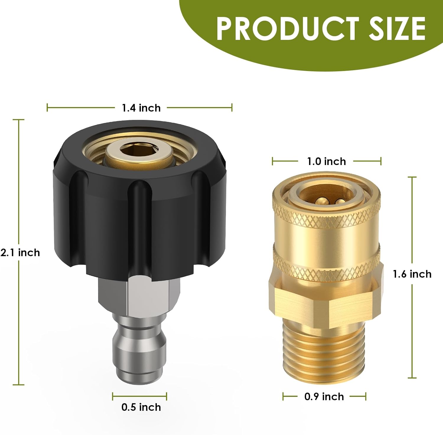 Diagram showing the dimensions of the two types of quick connect fittings. The male M22-14mm to 1/4 inch quick connect plug is 1.6 inches long and 0.9 inches wide. The female 1/4 inch quick connect coupler is 2.1 inches long and 1.4 inches wide.
