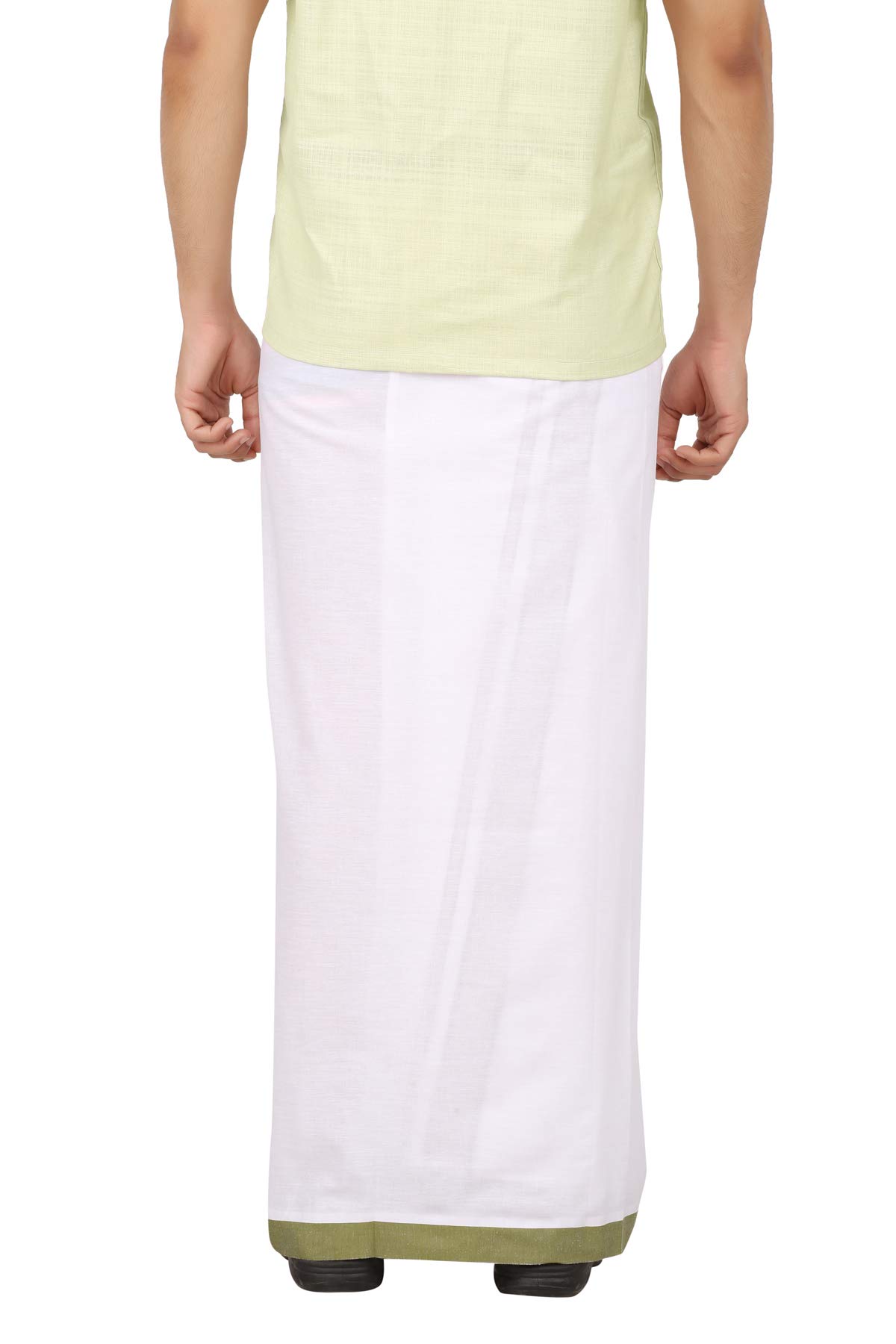 Prakasam Cotton Mens Welcro Pocket With Mild Green Border Dhoti/Fancy Border Dhoti/Welcro Pocket Mundu/White Dhoti With Pocket (Moon Mild Green)