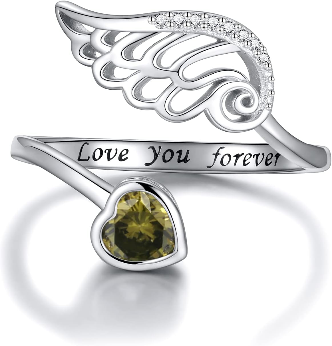 Birthstone Wing Rings Sterling Silver Adjustable Feather Heart Month Stone Wrap Ring Jewelry Gift for Women Engrave Love you forever