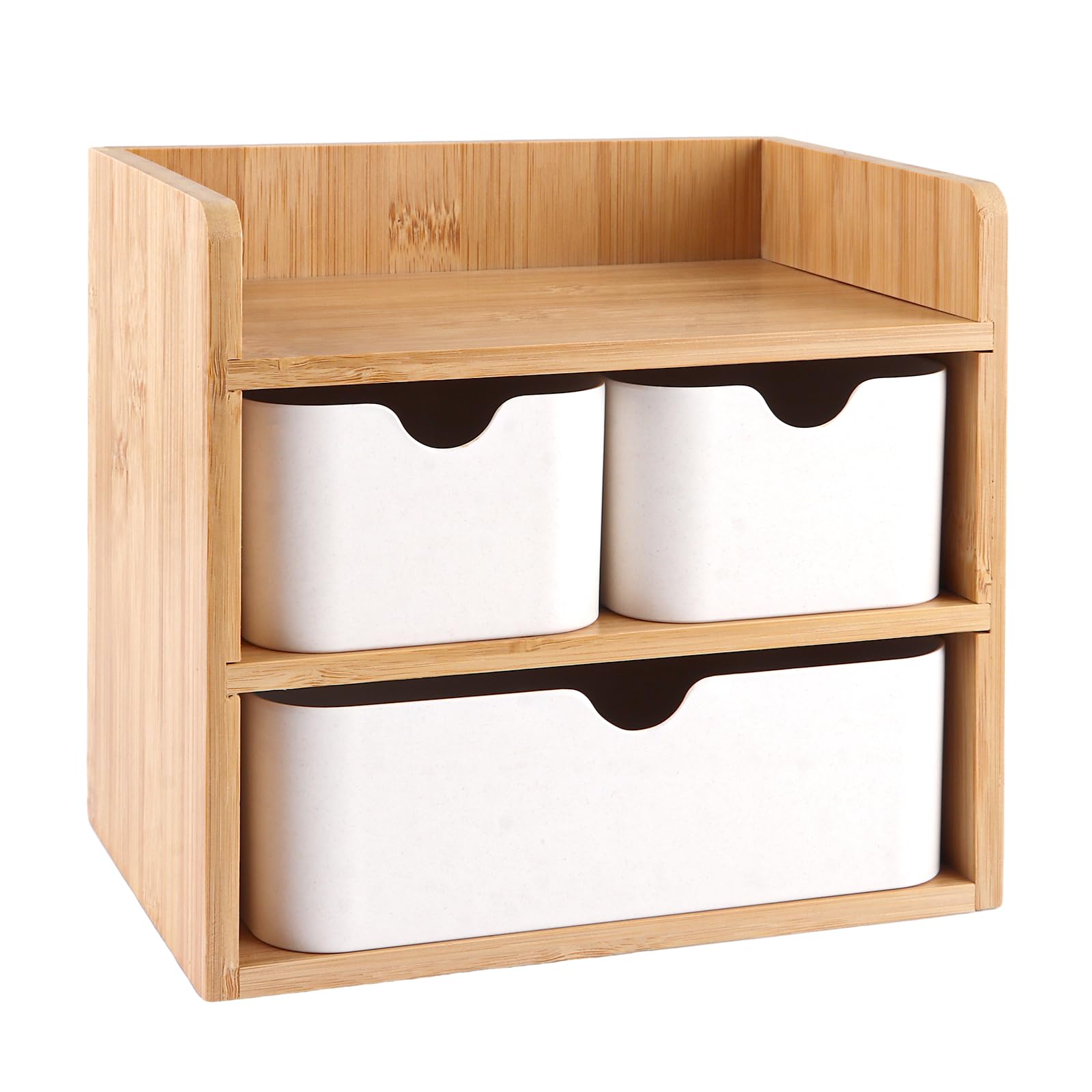 Aufbewahrungsbox mit Schubladen, Holz und Bambus, Schreibtisch Organizer, Make-Up Organizer Holz mit 3 Schubladen für Büro Zuhause Schule, Weiß