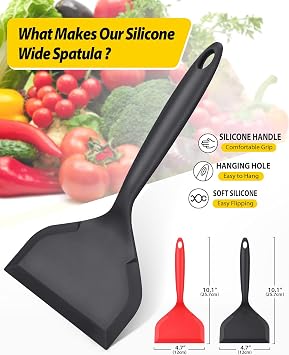 Silicone Pancake Spatula with Short Handle, 2 Pack, Black-Red