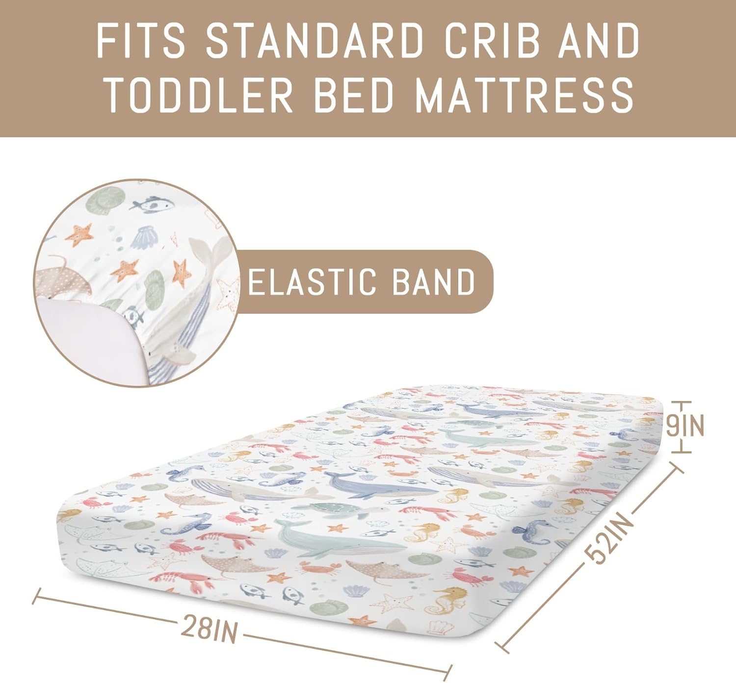 Boho Ocean Animals Baby Crib Sheets for Boys Girls Sea Horse Whale Turtle Crab Fish Soft Stretchy Crib Mattress Fitted Cover for 52''x28'' Standard Crib & Toddler Mattresses Marine Coastal Bed Sheets