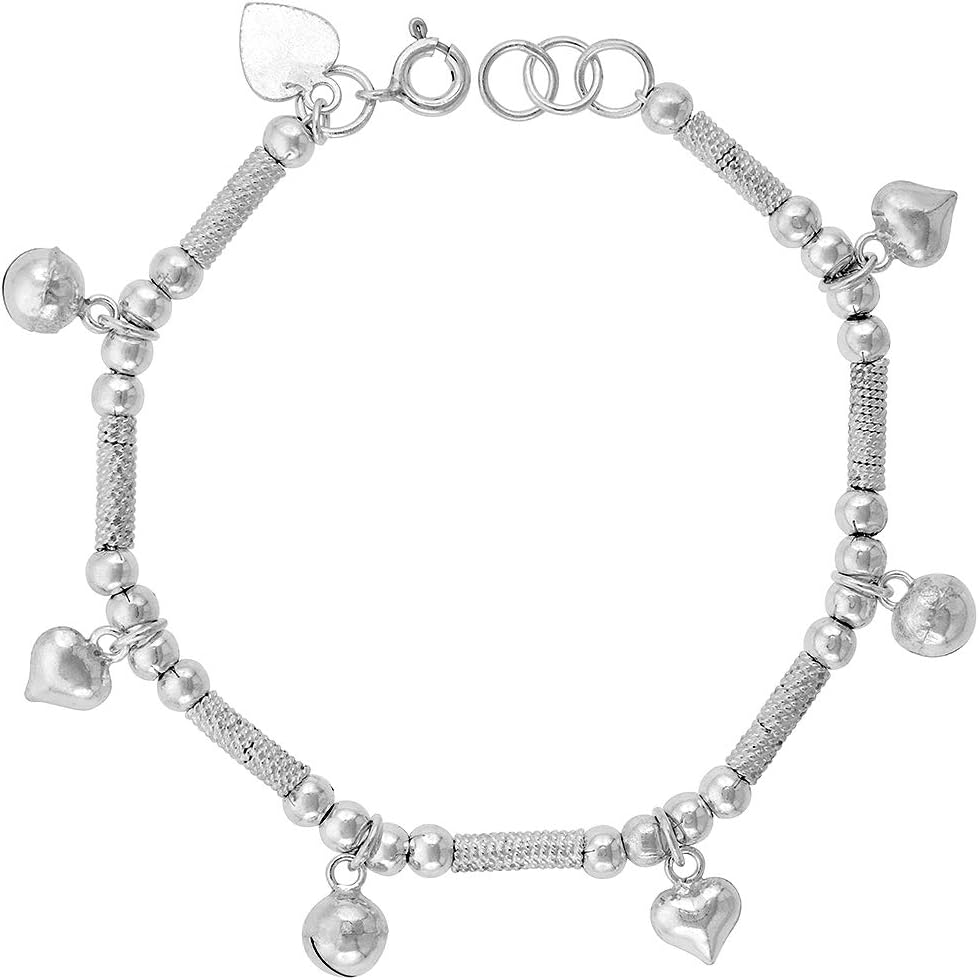 Sterling Silver Dangling Puffy Hearts and Jingle Bells Charm Bracelet for Women 13mm drop fits 7-8 inch wrists