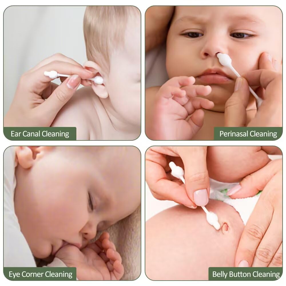 Lot de 200 cotons-tiges bio pour bébé avec grande tête de sécurité (200 pièces) Cotton Buds, dans une boîte cube pratique, bâtonnets d'oreille pour bébés et enfants