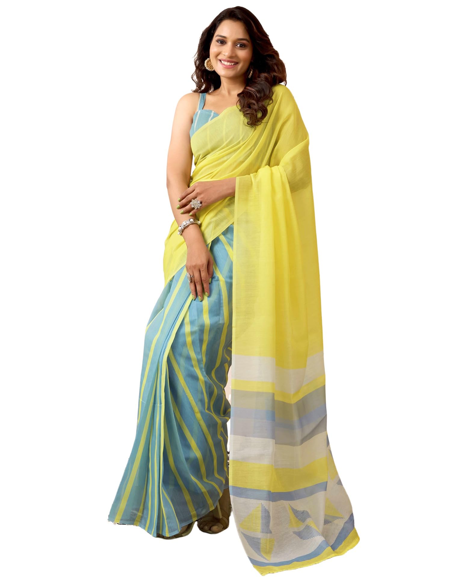 SIRIL Women's Chanderi Cotton Printed Ready To Wear with Pocket Saree with Unstitched Blouse Piece