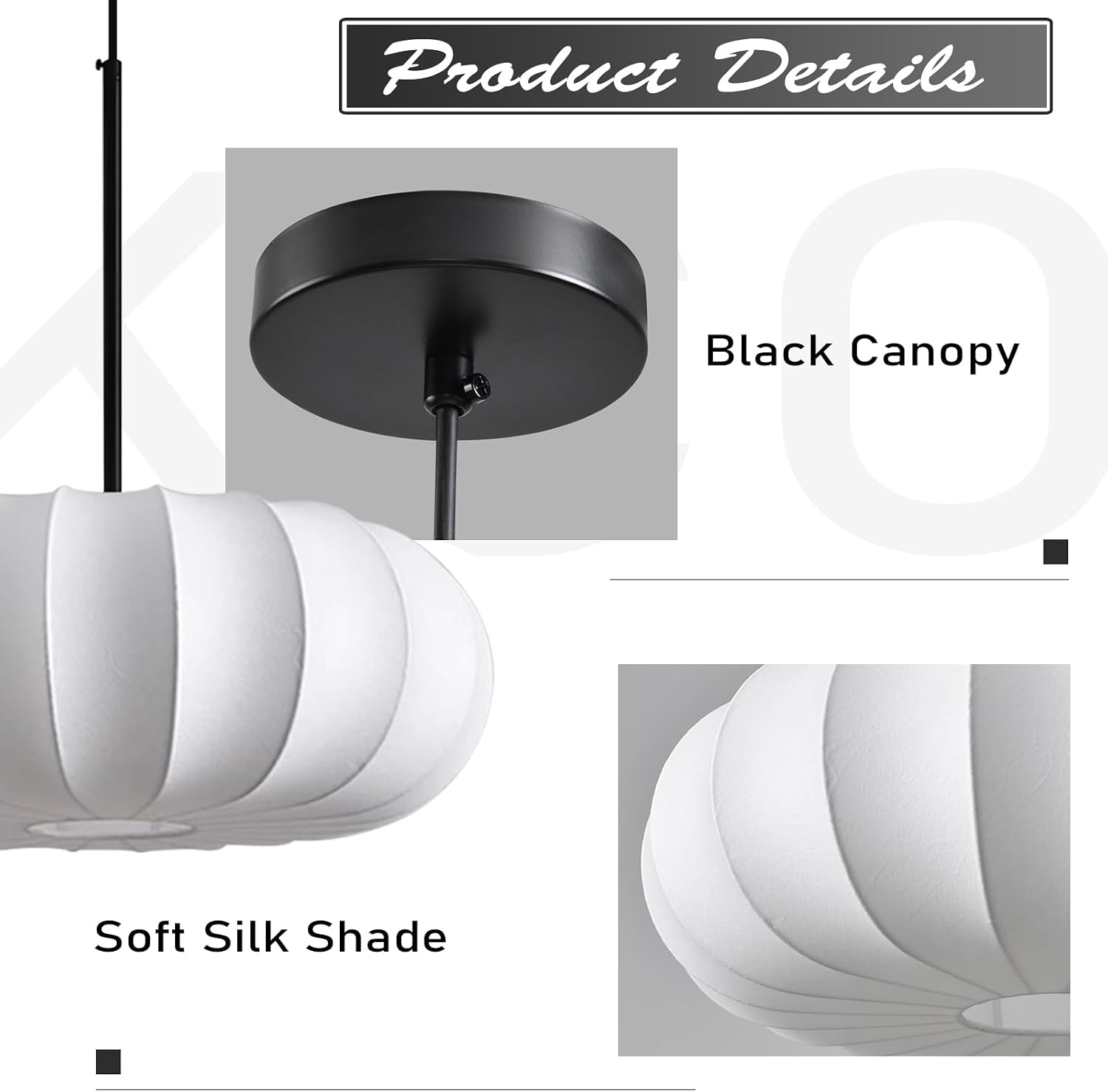 KCO Lighting White Silk Pendant Light Black Chandelier Japanese Lantern Hanging Lamp Wabi Sabi Pendant Light Fixtures for Bedroom Living Room Dining Room