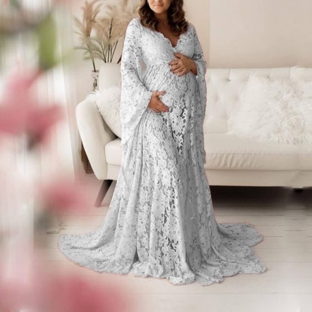 Vestito da maternità Abito Premaman Tinta Unita Vestito Maxi Elegante in Pizzo Manica Lunga con Scollo A V per Servizio Fotografico in Gravidanza Abito da Festa