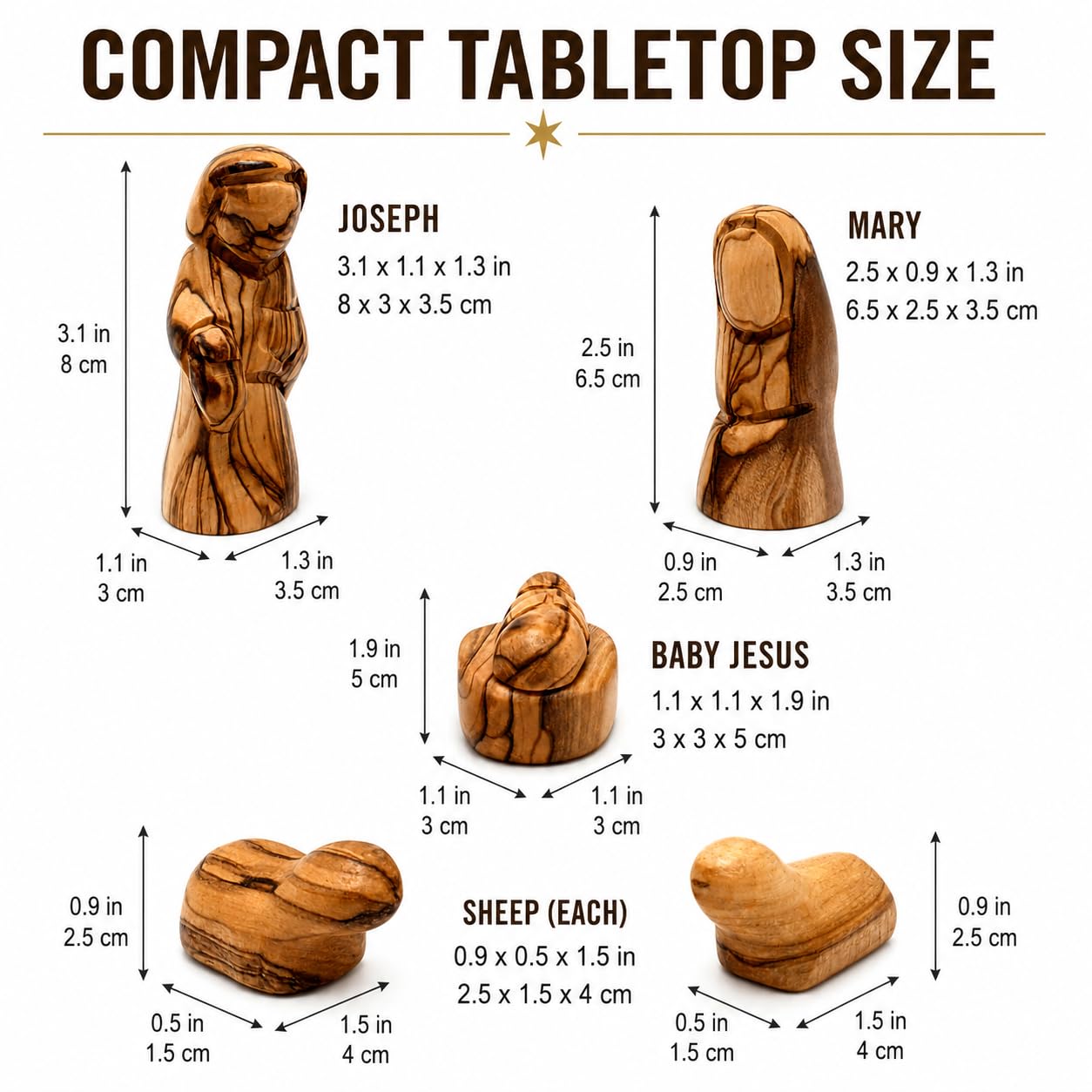 Zuluf Petites figurines de la Sainte Famille en bois d'olivier – Joseph, Marie et Bébé Jésus – Crèche de Noël en bois pour décoration d'intérieur