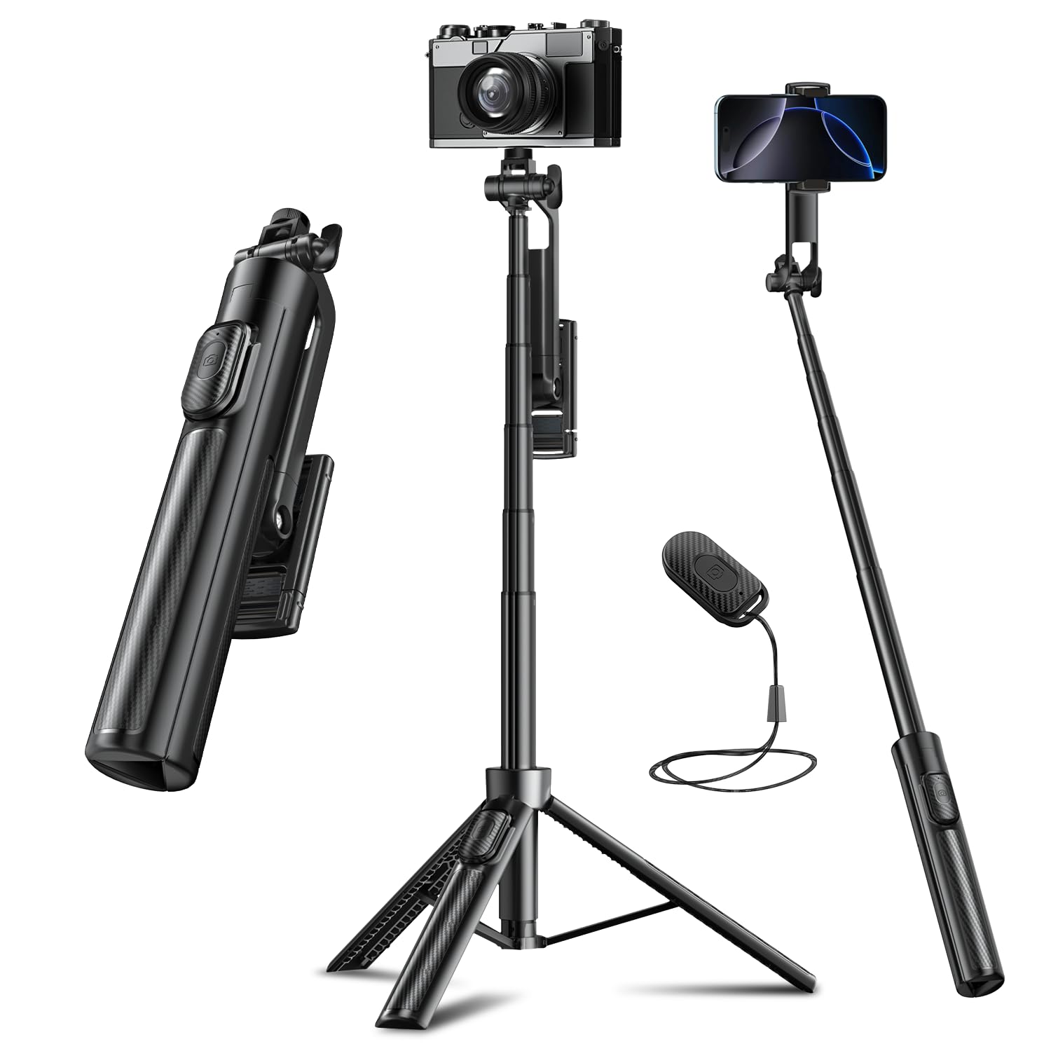 Celfiexpt Selfie Stick Tripod Portable 50″ Extendable Bluetooth Mobile Tripod with 360° Adjustable Holder, Phone Stand for Video Recording Shooting Vlogging YouTube Travel, Black