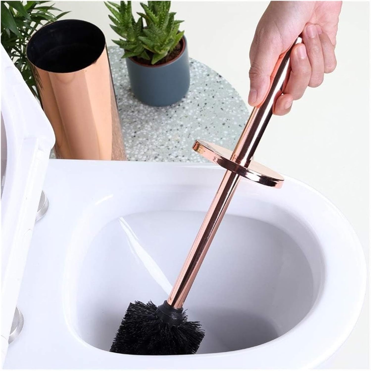 Toilet Brush Set,Bathroom Toilet Brush and Holder Set 15.7Inch Stainless Steel Freestanding WC Toilet Bowl Brush Cleaner No Scratch Soft Toilet Scrubber Brush and Base(Rose Gold)
