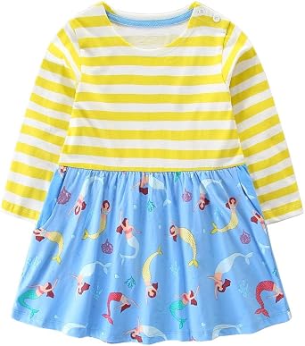 Hongshilian Girls Cotton Party Dresses Casual Long Sleeve Cartoon T-Shirt DressMermaid,2T