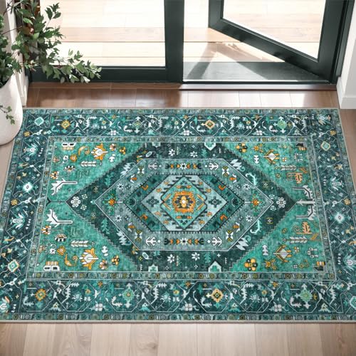 SERISSA Boho Rugs for Entryway, 2x3 Teal Entryway Rug Non-Slip Washable Small Area Rug, Ultra Soft Oriental Vintage Low-Pile Indoor Door Mat Floor Carpet for Entrance Bedroom Kitchen Bathroom