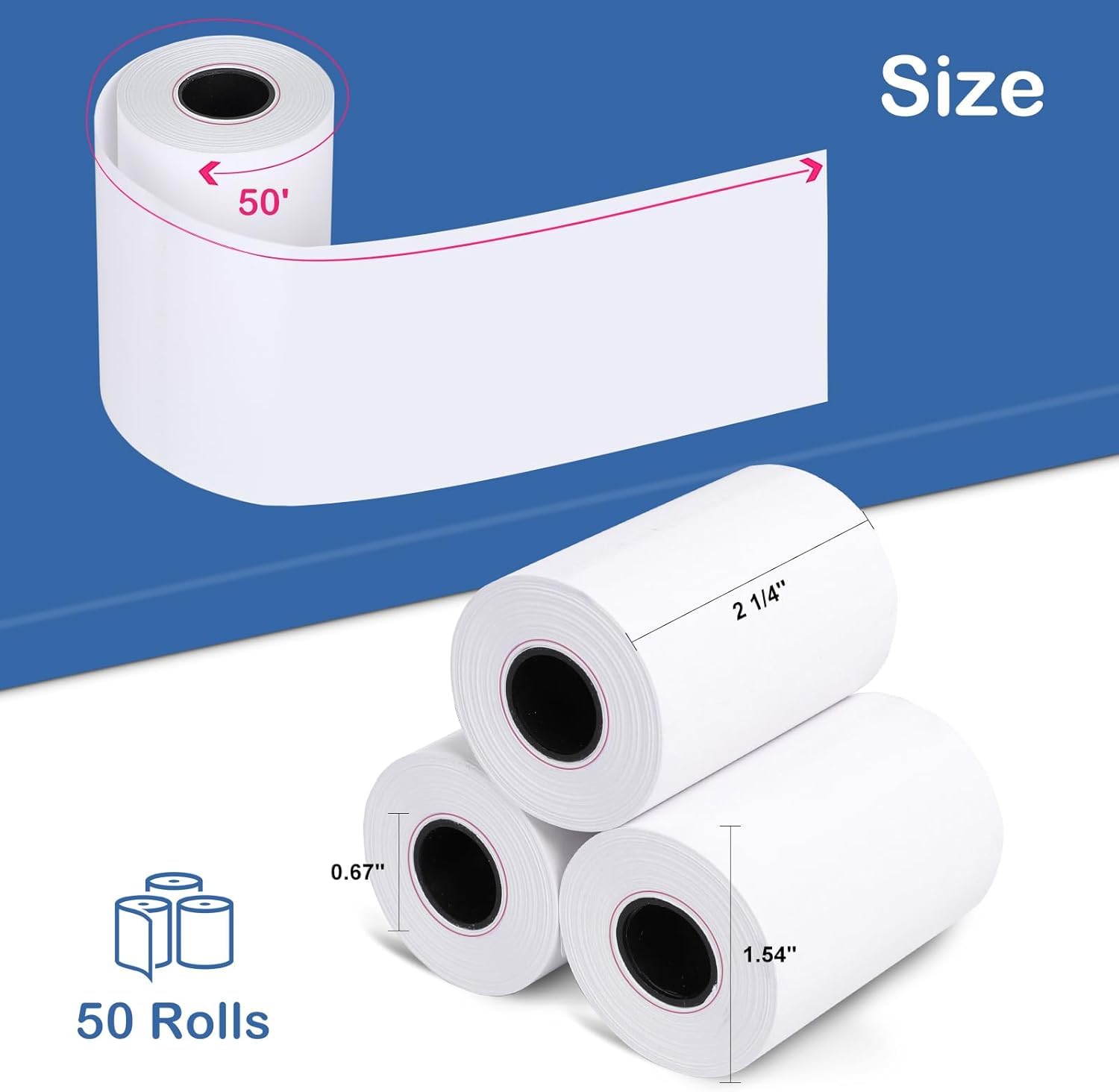 Rollos de papel térmico para recibos de 2 1/4 pulgadas x 50 pies, sin BPA, 50 rollos